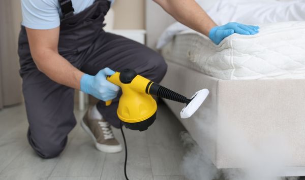 Technician steam cleaning a mattress as part of pest control in a small home bedroom