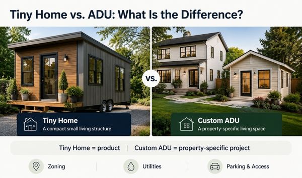 Tiny home vs custom ADU comparison showing a compact tiny home and a backyard ADU on a Connecticut residential property