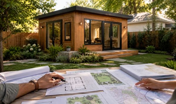 Homeowners reviewing ADU site plans and feasibility documents for a backyard accessory dwelling unit in Connecticut