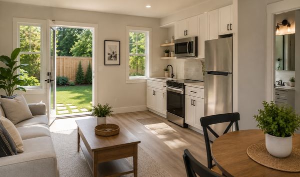 Bright interior of a modern ADU with kitchen, living area, and patio access Bright interior of a modern ADU with kitchen, living area, and patio access