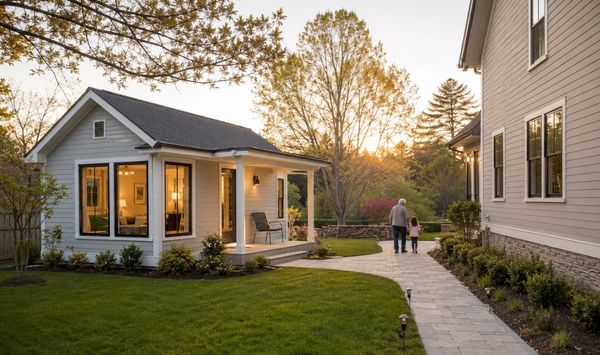 Backyard ADU next to a main home with landscaped walkway and outdoor seating Backyard ADU next to a main home with landscaped walkway and outdoor seating