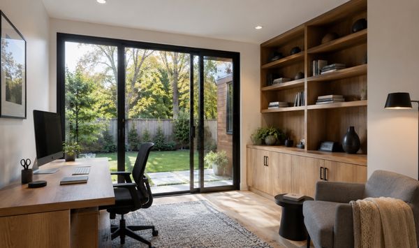 Modern ADU home office with garden view for Connecticut homeowners Modern ADU home office with garden view for Connecticut homeowners