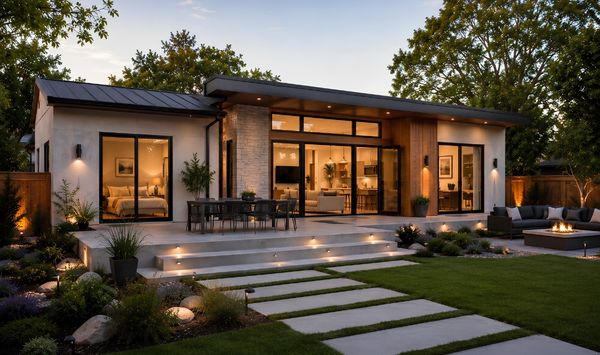 Modern backyard ADU with large windows, patio, and landscaped outdoor living space