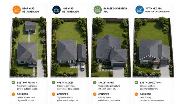 ADU layout comparison showing rear yard detached ADU, side yard detached ADU, garage conversion ADU, and attached ADU options.