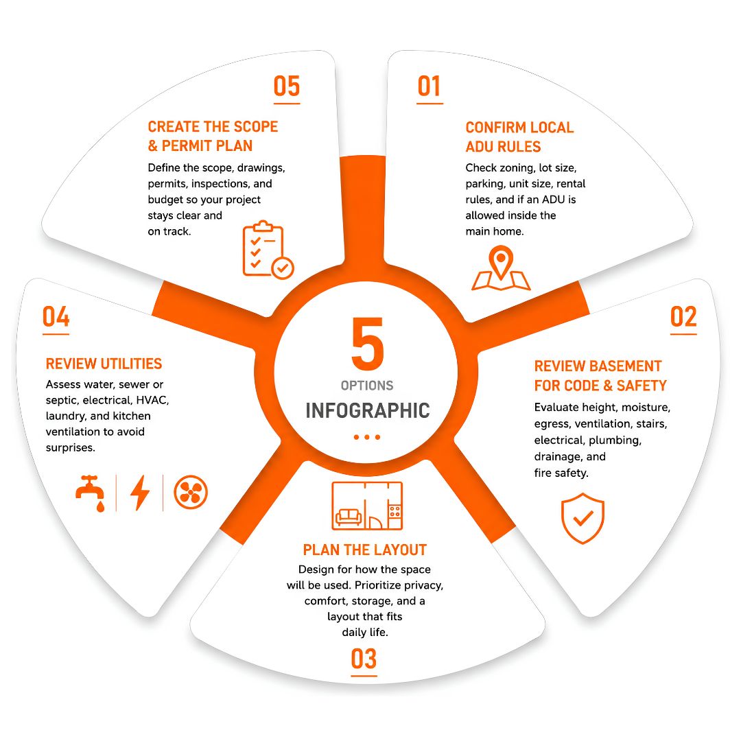 Basement ADU infographic showing 5 planning steps: confirm local ADU rules, review basement for code and safety, plan the layout, review utilities, and create the scope and permit plan. Basement ADU infographic showing 5 planning steps: confirm local ADU rules, review basement for code and safety, plan the layout, review utilities, and create the scope and permit plan.