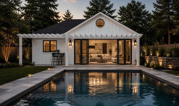 Luxury backyard ADU in Connecticut with pool, white exterior, glass doors, private patio, and high-end landscaping Luxury backyard ADU in Connecticut with pool, white exterior, glass doors, private patio, and high-end landscaping