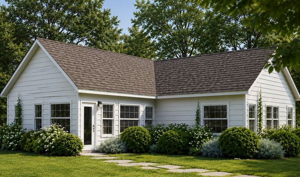 White 1,200 sq ft 3 bedroom ADU with landscaped yard, showing a detached backyard living space for family use or rental income in Connecticut.