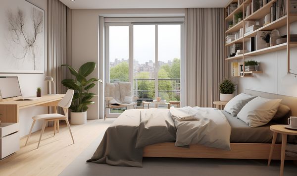 Modern ADU bedroom interior with compact workspace, built-in shelves, large window, and cozy minimalist design.