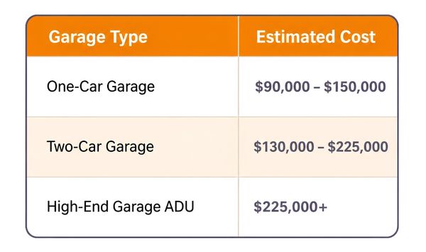 Garage ADU cost estimate table showing one-car garage, two-car garage, and high-end garage ADU price ranges.