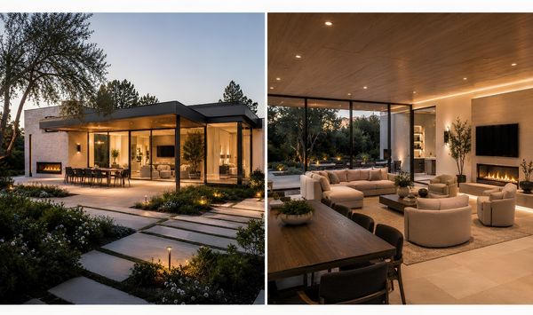 Luxury indoor-outdoor ADU with glass walls, warm wood ceiling, patio dining, fire features, and modern living room