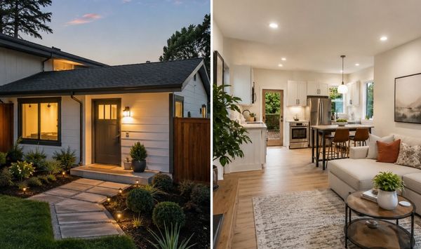 Attached ADU with private exterior entrance and modern interior living space featuring a kitchen, seating area, and natural light.