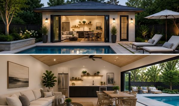 Modern pool house ADU with open glass doors, poolside patio, lounge area, kitchenette, and stylish indoor-outdoor living design.