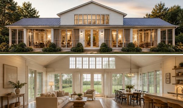 Luxury custom ADU build with farmhouse-style exterior, landscaped yard, and bright open-concept interior with living, dining, and kitchen space.