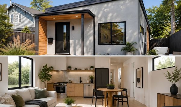 Modern detached ADU with gray exterior, wood-accent entry, landscaped yard, and bright interior with kitchen, dining area, and living space.
