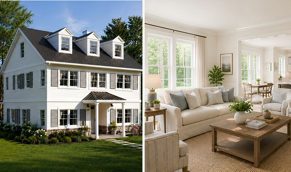 White two-story custom ADU exterior with dormer windows and bright interior living room with neutral furniture, large windows, and natural light.