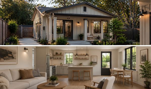 Cozy modern cottage ADU with landscaped exterior, private entry, and bright interior featuring living room, kitchen, and dining area.
