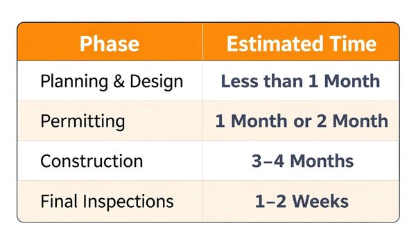 ADU project timeline table showing estimated time for planning and design, permitting, construction, and final inspections.