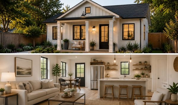 Hyper-realistic farmhouse-inspired backyard ADU with white exterior, black trim, landscaped front yard, and bright open-concept interior with living room and kitchen.