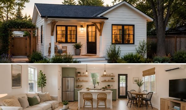 Cozy cottage ADU with white exterior, black-framed windows, covered front porch, landscaped yard, and bright open-concept interior with living room, kitchen, and dining area.