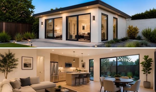 Modern backyard ADU with realistic exterior lighting, landscaped patio, and open-concept interior with living room, kitchen, and dining area.