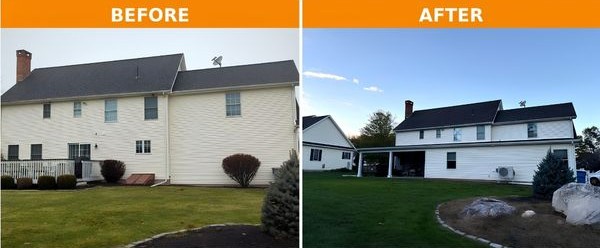 Before and after rear home exterior transformation with updated backyard, covered patio area, lawn, and improved outdoor living space.