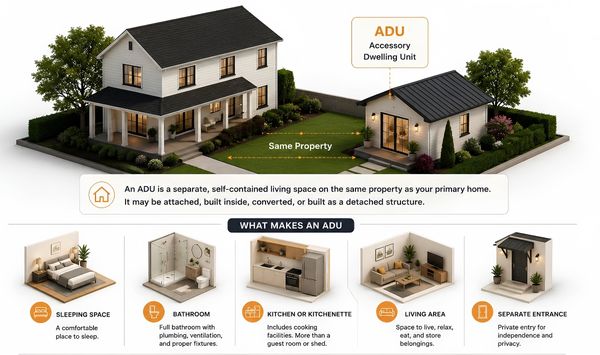 3D diagram showing the key features that make an ADU a self-contained living space, including sleeping space, bathroom, kitchenette, living area, and private entrance. 3D diagram showing the key features that make an ADU a self-contained living space, including sleeping space, bathroom, kitchenette, living area, and private entrance.