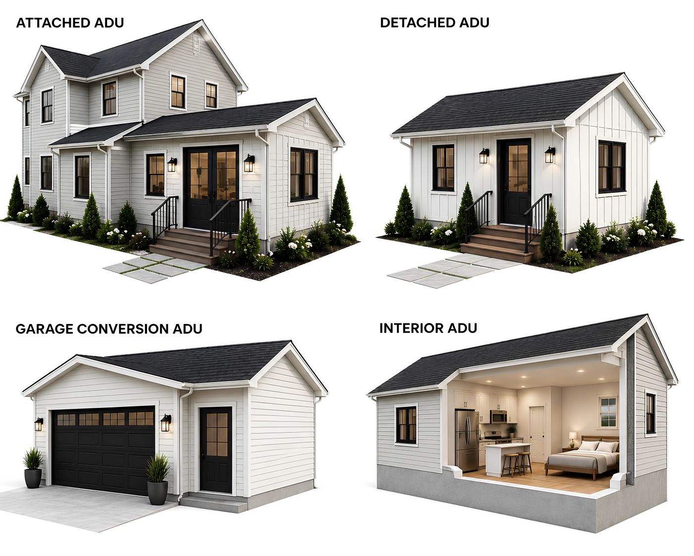 3D model comparison of attached ADU, detached ADU, garage conversion ADU, and interior ADU options. 3D model comparison of attached ADU, detached ADU, garage conversion ADU, and interior ADU options.