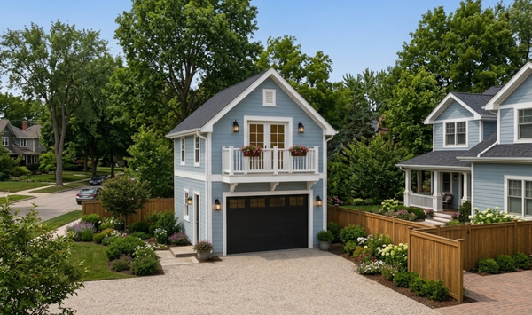 Detached garage ADU with second-floor living space on a Connecticut residential property.