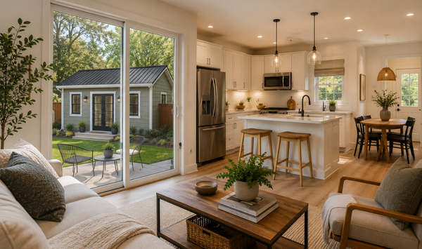 Modern ADU interior with open kitchen and living area overlooking a backyard accessory dwelling unit in Connecticut.
