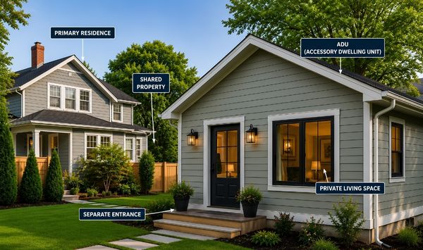 Labeled Connecticut ADU property showing a primary residence, detached ADU, separate entrance, shared property, and private living space. Labeled Connecticut ADU property showing a primary residence, detached ADU, separate entrance, shared property, and private living space.