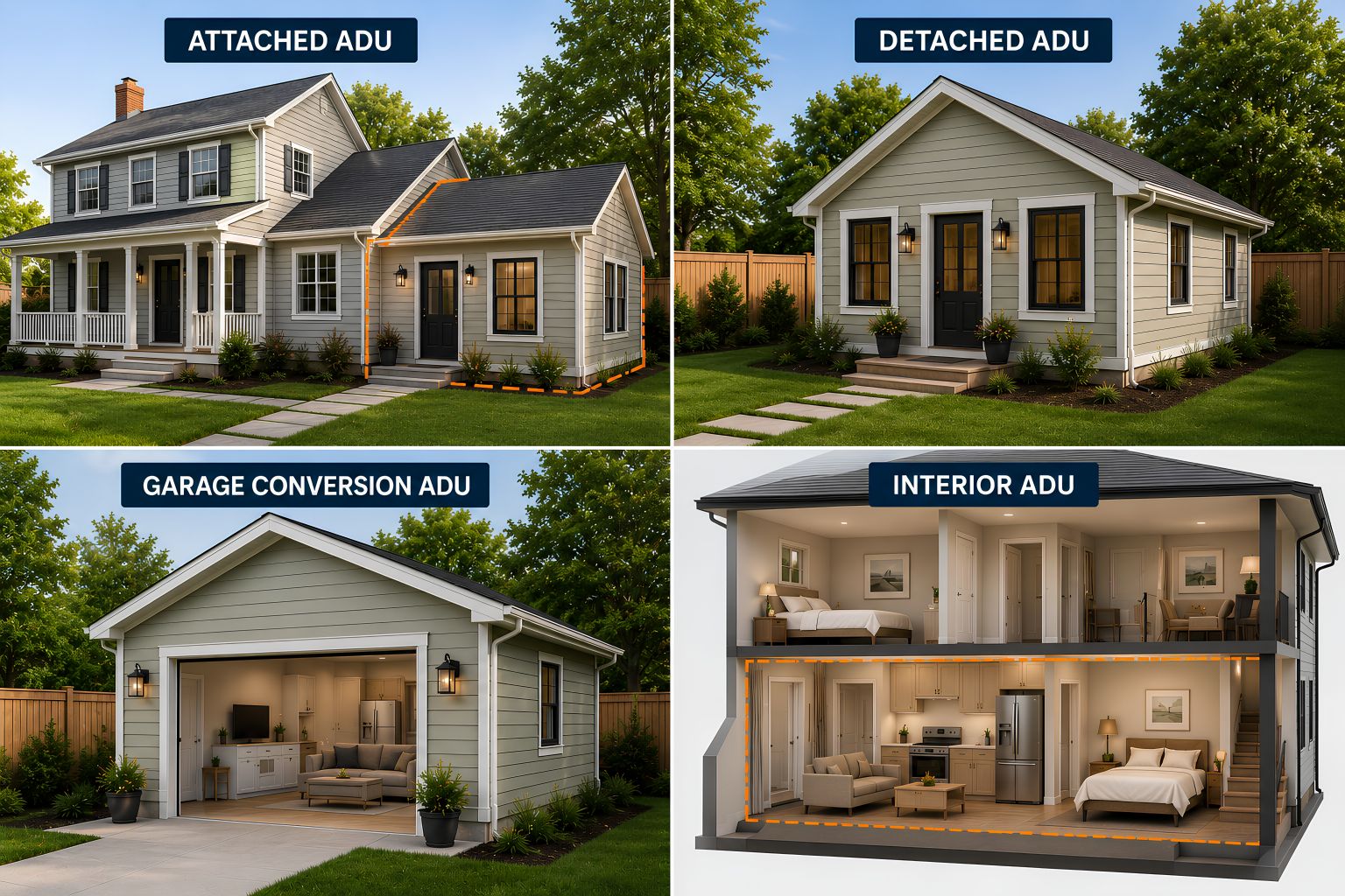 Diagram showing four ADU types: attached ADU, detached ADU, garage conversion ADU, and interior ADU. Diagram showing four ADU types: attached ADU, detached ADU, garage conversion ADU, and interior ADU.