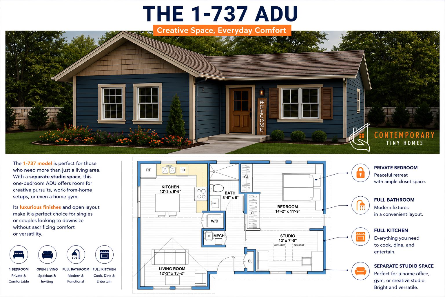 1-737 Connecticut ADU with blue exterior, one bedroom, separate studio, full kitchen, bathroom, and open living area.