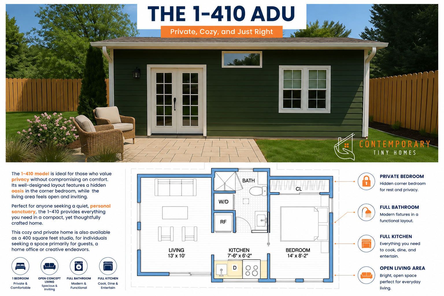 1-410 one-bedroom Connecticut ADU with green exterior, private bedroom, full bathroom, kitchen, and open living floor plan.