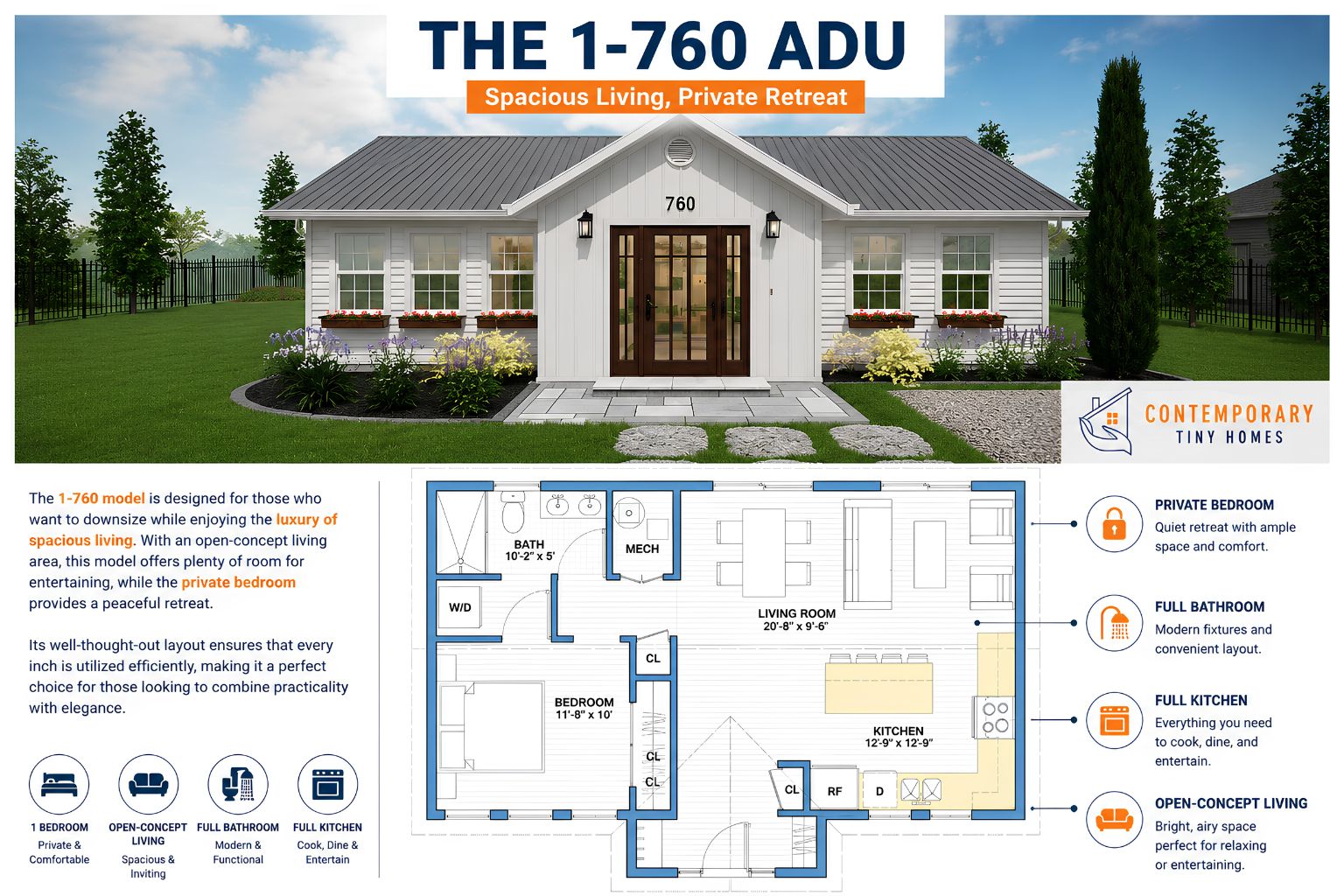 1-760 one-bedroom Connecticut ADU with white cottage exterior, open-concept living room, full kitchen, bathroom, laundry, and floor plan.