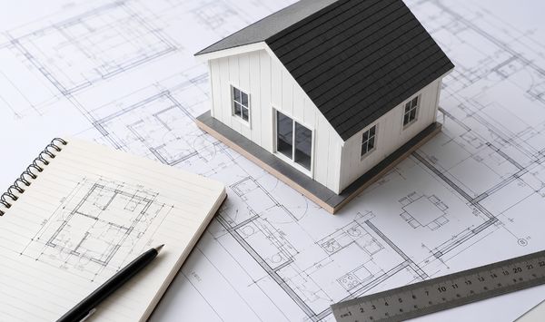 Detached ADU model on architectural plans Detached ADU model on architectural plans
