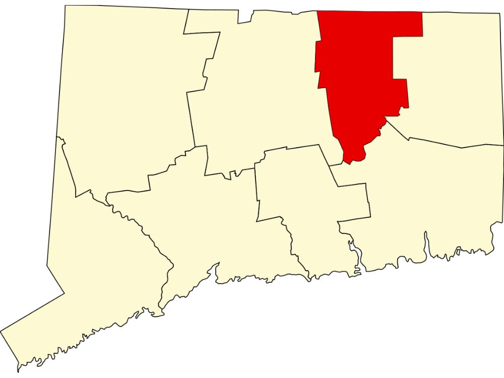 Connecticut county map highlighting Tolland County for local ADU regulations and zoning requirements