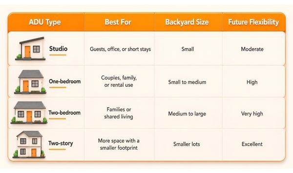 Comparison chart of studio, one-bedroom, two-bedroom, and two-story ADU options for Connecticut homeowners. Comparison chart of studio, one-bedroom, two-bedroom, and two-story ADU options for Connecticut homeowners.