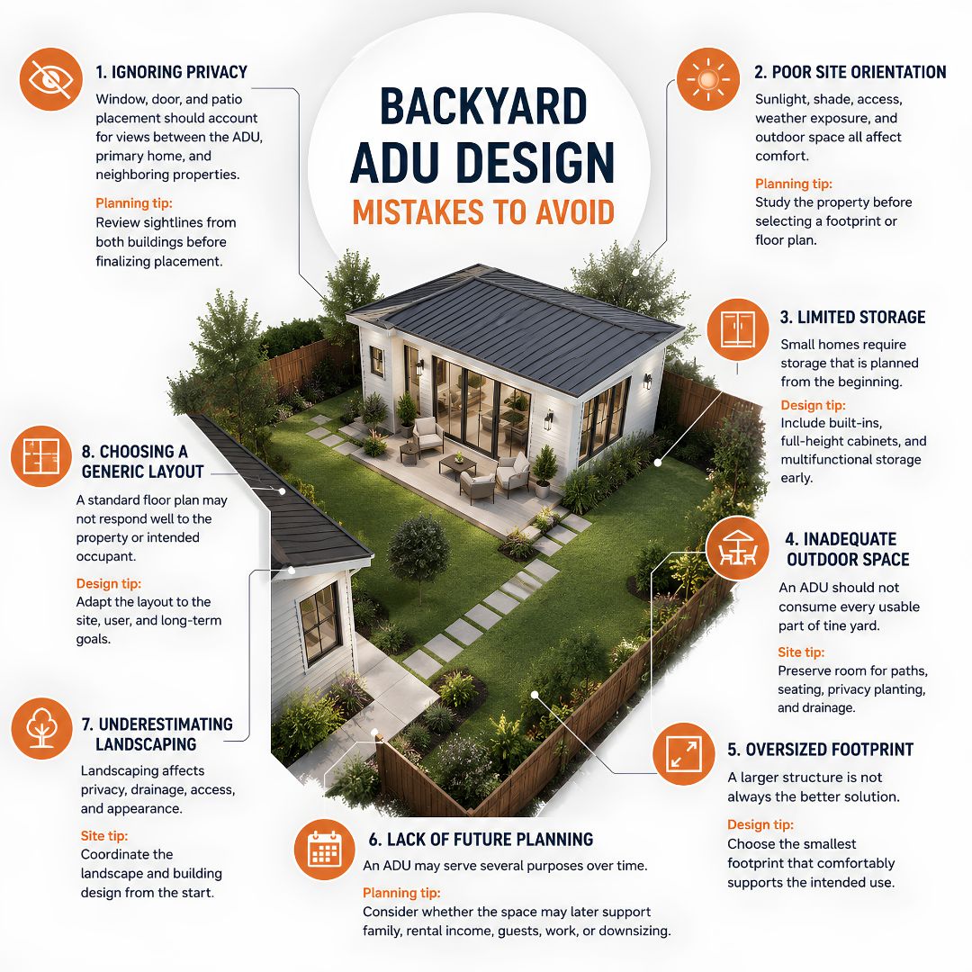Infographic showing eight backyard ADU design mistakes to avoid, including privacy, site orientation, storage, landscaping, footprint, and layout. Infographic showing eight backyard ADU design mistakes to avoid, including privacy, site orientation, storage, landscaping, footprint, and layout.