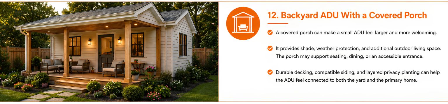 Backyard ADU with a covered wood porch, outdoor seating, white siding, front steps, and privacy landscaping. Backyard ADU with a covered wood porch, outdoor seating, white siding, front steps, and privacy landscaping.
