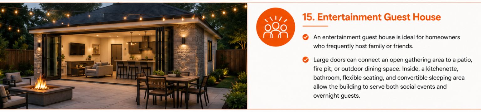 Entertainment guest house ADU with folding glass doors, an open lounge, outdoor dining area, fire pit, and string lights. Entertainment guest house ADU with folding glass doors, an open lounge, outdoor dining area, fire pit, and string lights.