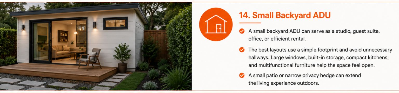 Small backyard ADU with white siding, a sliding glass door, compact wood deck, patio chair, and privacy hedges. Small backyard ADU with white siding, a sliding glass door, compact wood deck, patio chair, and privacy hedges.