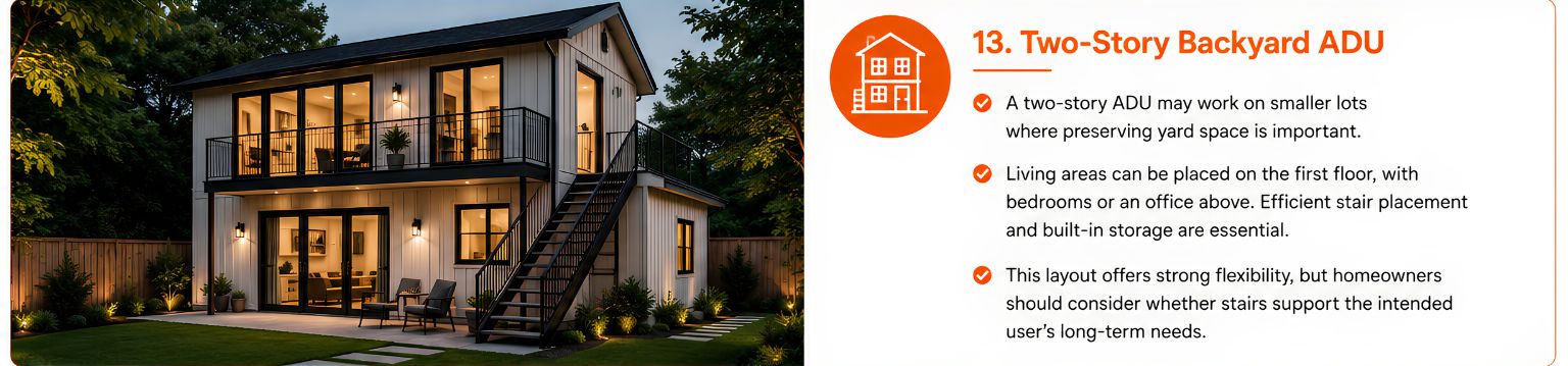 Two-story backyard ADU with exterior stairs, an upper balcony, large windows, and a landscaped yard. Two-story backyard ADU with exterior stairs, an upper balcony, large windows, and a landscaped yard.