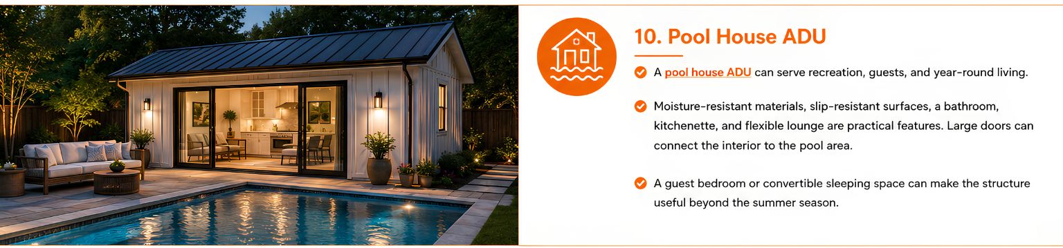 Pool house ADU with white siding, large glass doors, a kitchenette, patio seating, and a backyard swimming pool. Pool house ADU with white siding, large glass doors, a kitchenette, patio seating, and a backyard swimming pool.