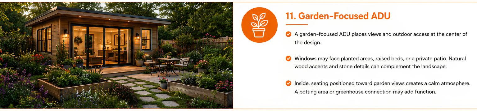 Garden-focused backyard ADU with wood siding, large windows, raised garden beds, patio dining, and lush planting. Garden-focused backyard ADU with wood siding, large windows, raised garden beds, patio dining, and lush planting.
