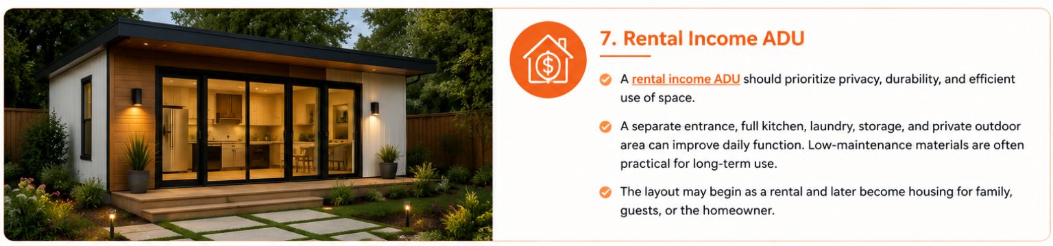 Rental income ADU with a private entrance, full kitchen, glass doors, wood deck, and low-maintenance landscaping. Rental income ADU with a private entrance, full kitchen, glass doors, wood deck, and low-maintenance landscaping.