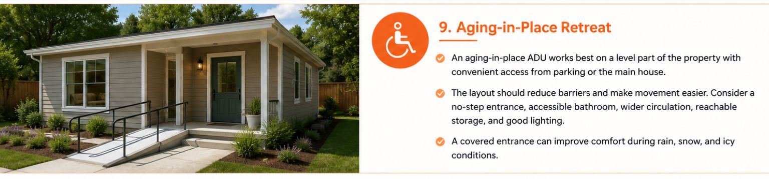 Aging-in-place ADU with a covered entrance, access ramp, handrails, wide walkway, and single-level design. Aging-in-place ADU with a covered entrance, access ramp, handrails, wide walkway, and single-level design.