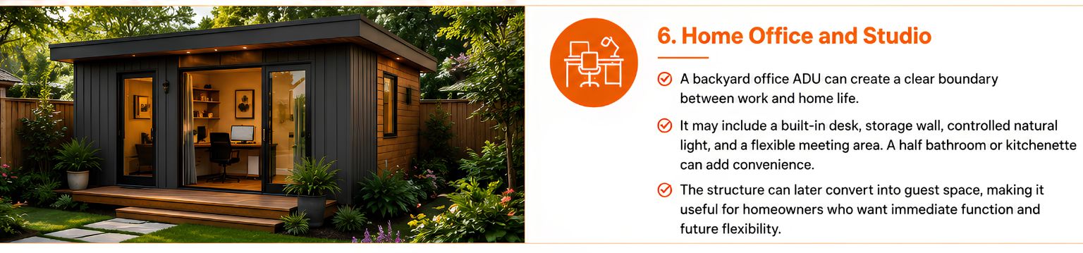 Modern backyard office ADU with dark siding, glass doors, a built-in workspace, wood deck, and garden landscaping. Modern backyard office ADU with dark siding, glass doors, a built-in workspace, wood deck, and garden landscaping.