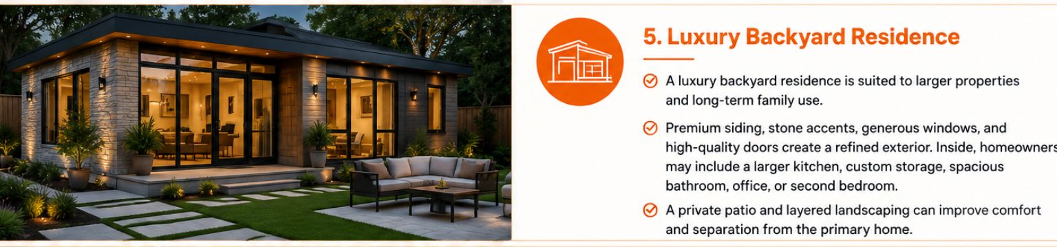 Luxury backyard ADU with stone accents, floor-to-ceiling windows, a private patio, and layered landscaping. Luxury backyard ADU with stone accents, floor-to-ceiling windows, a private patio, and layered landscaping.