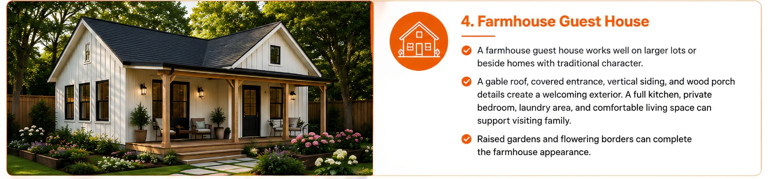 Farmhouse guest house ADU with white vertical siding, a gable roof, covered porch, and flowering garden. Farmhouse guest house ADU with white vertical siding, a gable roof, covered porch, and flowering garden.