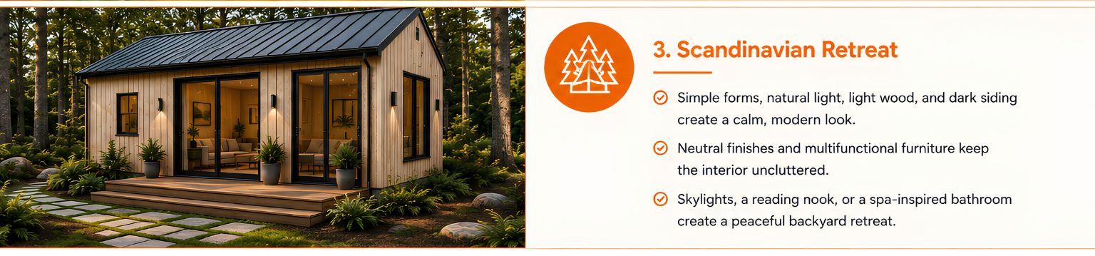 Scandinavian-style backyard ADU with light wood siding, a black metal roof, glass doors, and a wooded setting. Scandinavian-style backyard ADU with light wood siding, a black metal roof, glass doors, and a wooded setting.
